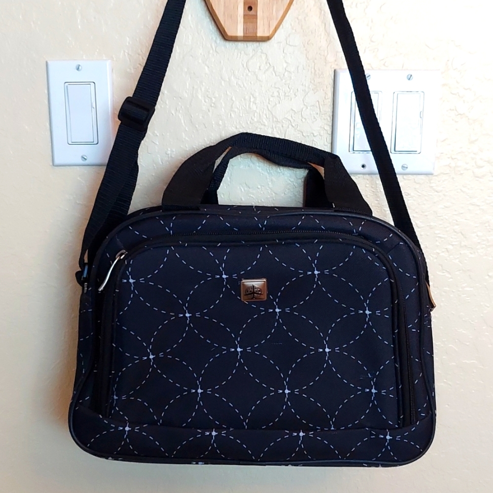 Black Computer Bag Crossbody Adjustable Strap 2 Zip Compartment Geometric Print